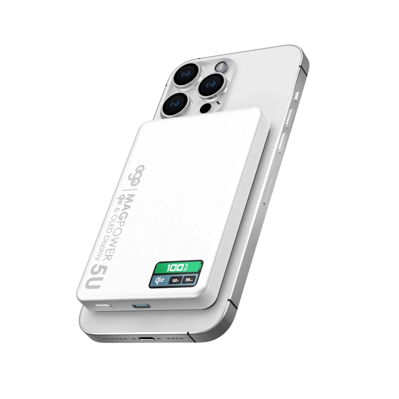 باور بانك EGO MagPower 5U QI2 بسعة 10000 مللي أمبير في الساعة مع شاشة OLED - أبيض