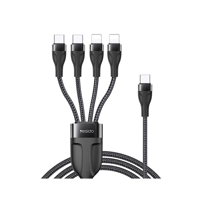 كيبل Yesido مجدول 4 في 1 USB-A إلى 2 USB-C + 2 Lightning بطول 1.2 متر – أسود