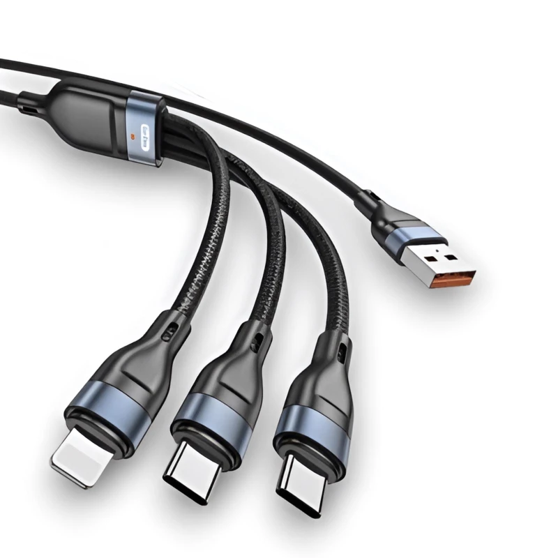 كيبل Go-Des مجدول نايلون 3 في 1 بمنفذي USB-C للشحن السريع بطول 1.2 متر – أسود