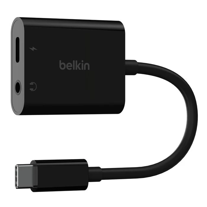 وصله Belkin Rockstar من USB-C إلى 3.5 مم للصوت + USB-C للشحن – أسود