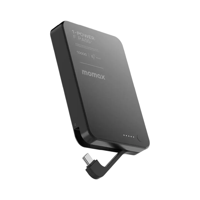 باوربانك Momax 1-Power F.Pass بسعة 10000 مللي أمبير في الساعة مع كابل مدمج ومرفق مغناطيسي - أسود
