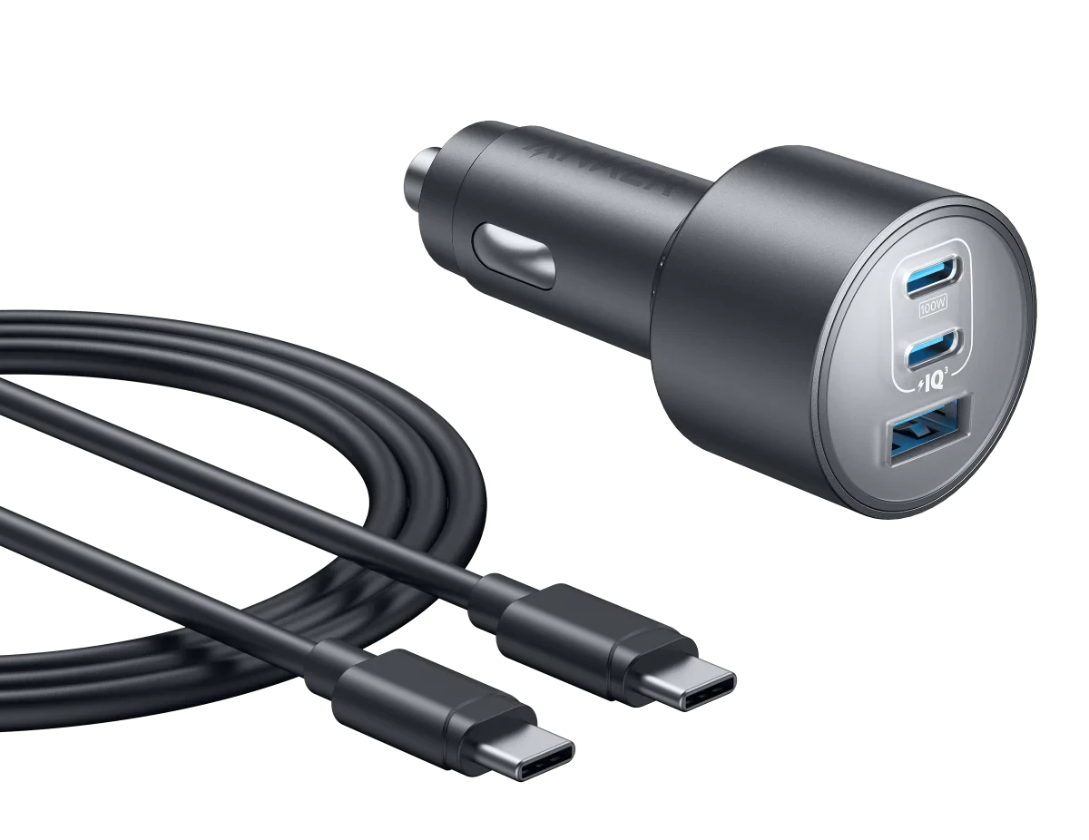 شاحن سيارة Anker نانو (167.5 واط، 3 منافذ) مع كابل USB-C - أسود