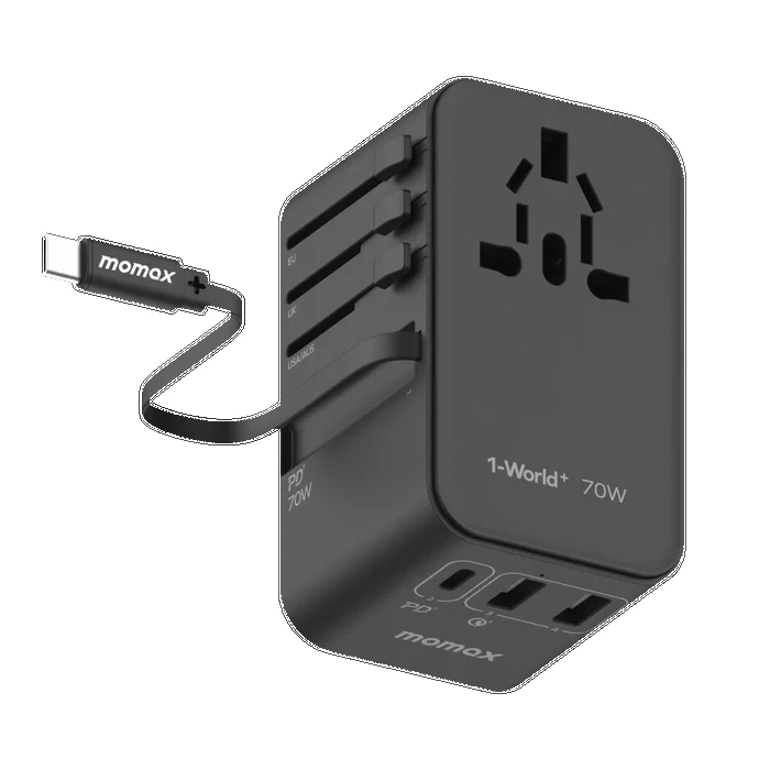شاحن السفر Momax 1-World+ GaN مع كابل USB-C قابل للسحب بقوة 70 واط - أسود