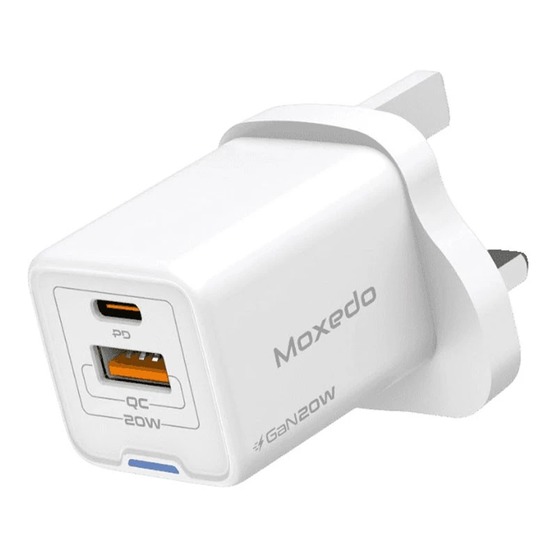شاحن Moxedo Volton Pro PD Gan بقدرة 20 وات ومنفذ USB-C ومنفذ USB-A (MX-C304) أبيض