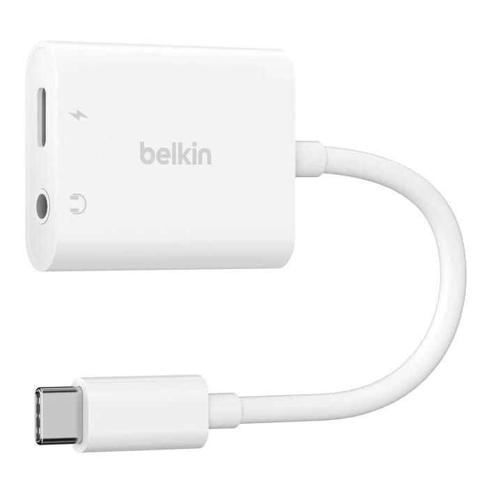 وصلة Belkin Rockstar من USB-C إلى 3.5 مم للصوت + USB-C للشحن – أبيض