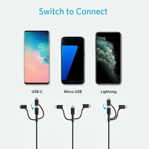 كابل أنكر باورلاين II 3 في 1 مع موصلات Micro USB وType C وLightning - 3FT (A8436H12) أسود