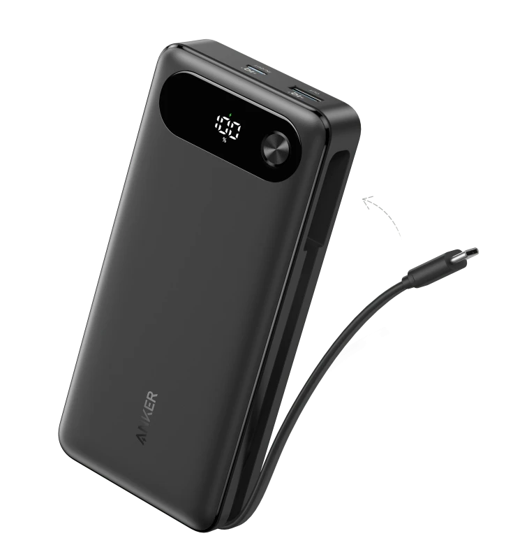 باور بانك أنكر بقوة 20000 مللي أمبير مع كابل USB-C مدمج بقدرة 87 واط - أسود