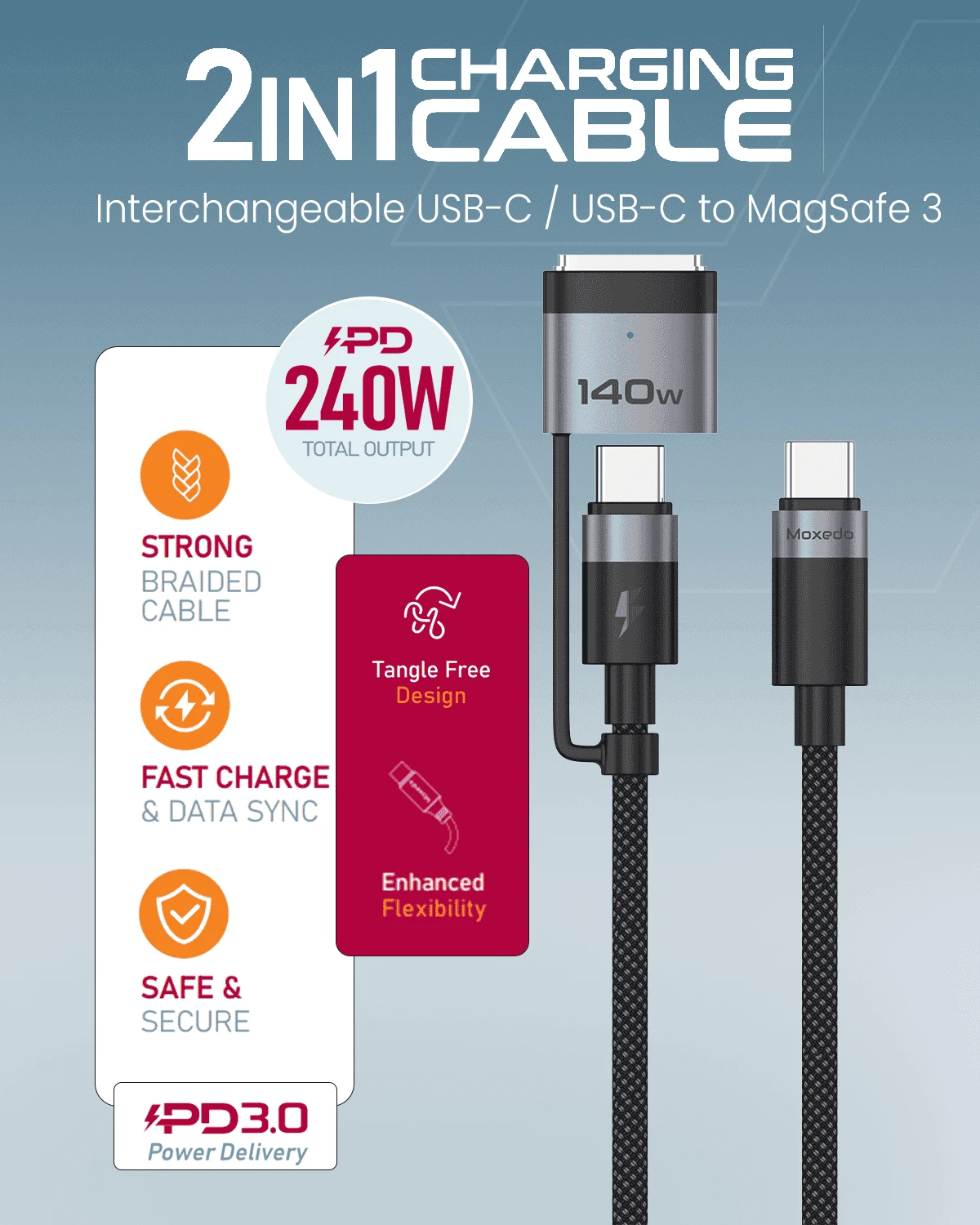 كابل شحن موكسيدو 2 في 1 USB-C/USB-C إلى Magsafe 3 (2 متر)