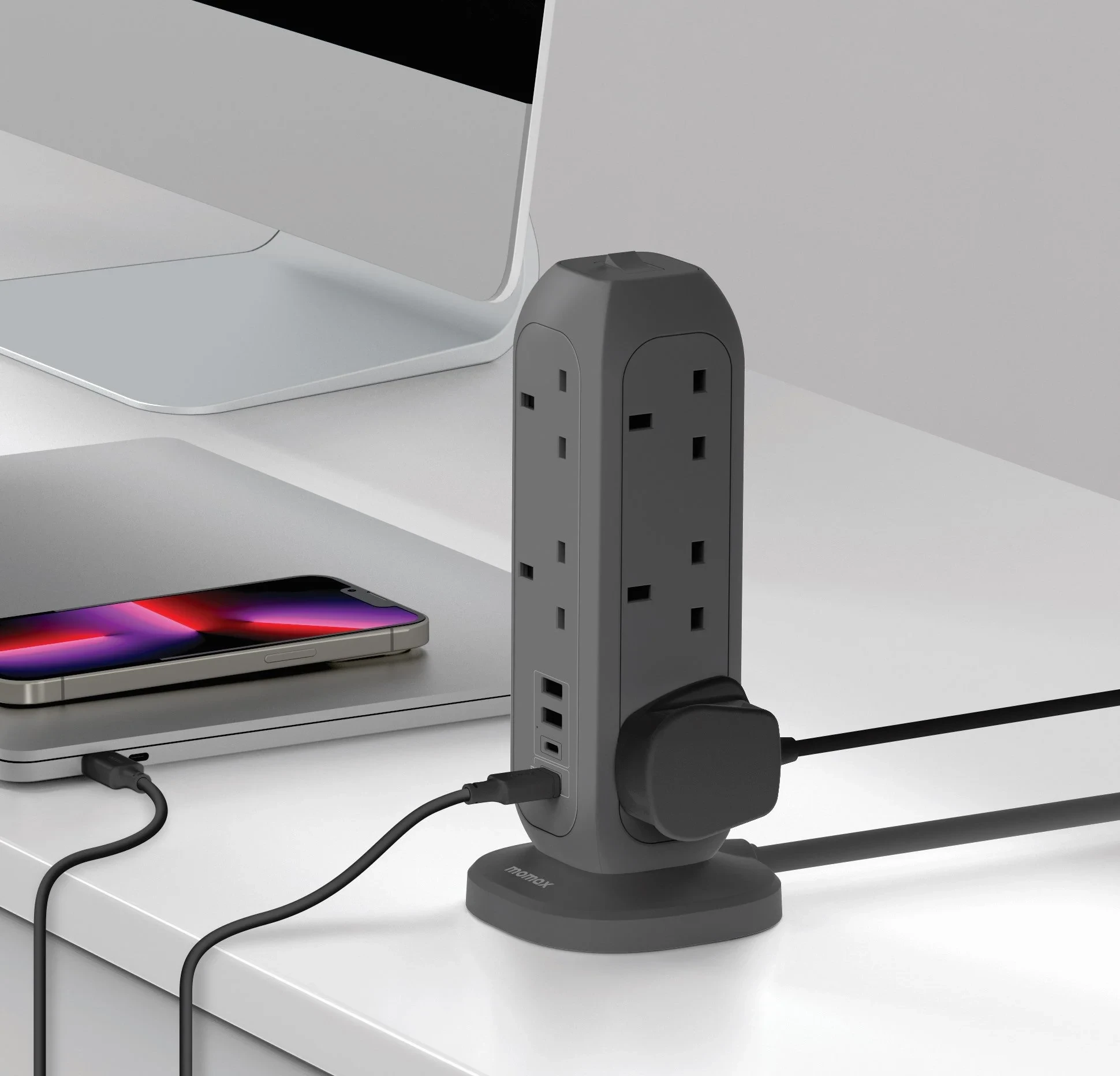 موماكس 15 في 1 Smart-Hub Tower Power Strip - US11UKE - أسود